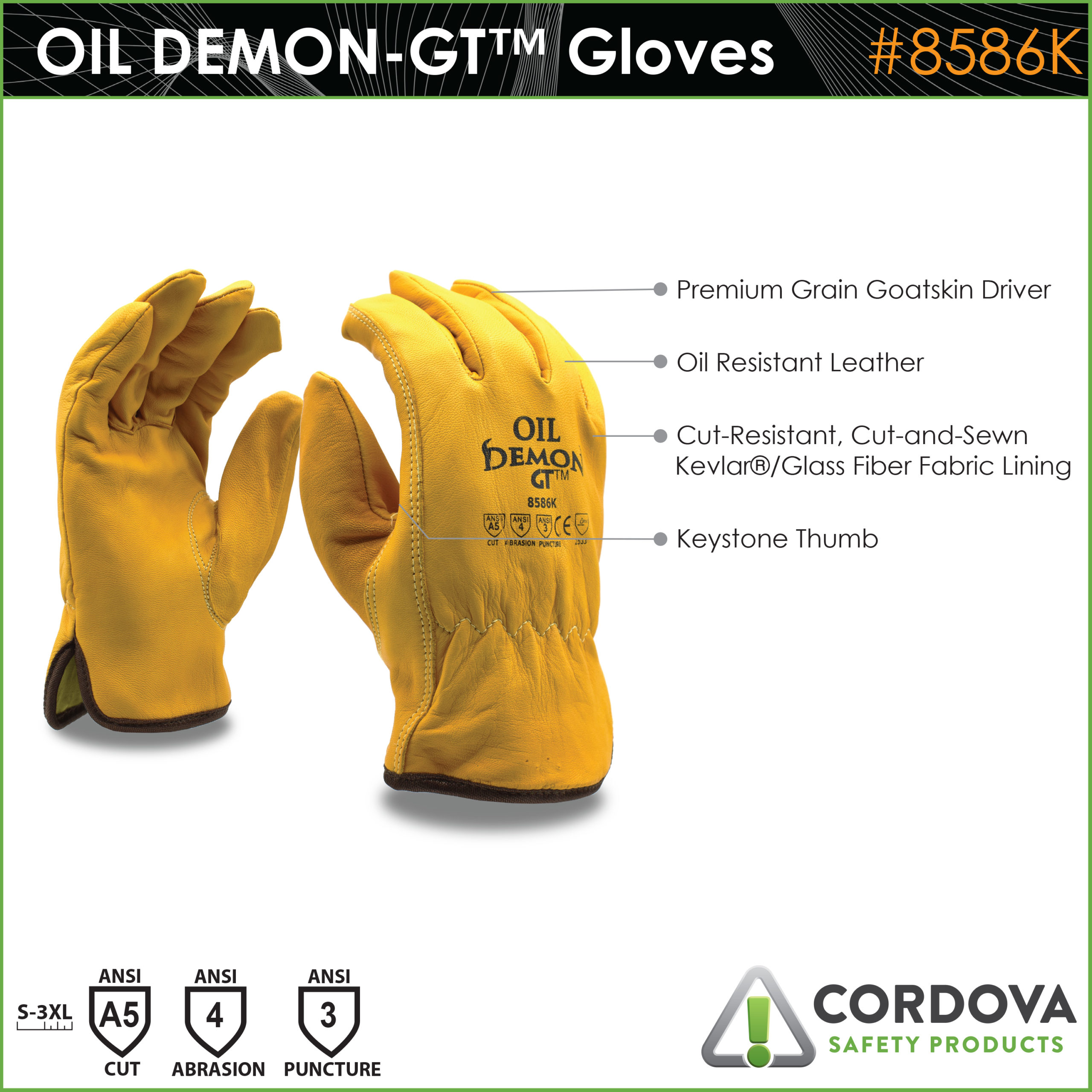 Driver, Goatskin, Oil Demon GT™, Premium, Grain, A5 Cut: #8586K - Cordova  Safety